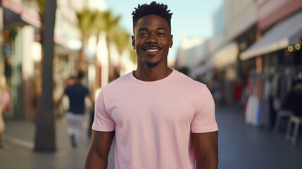 Obraz premium Portrait of young fashion smiling African American man with pink t-shirt, Plaza shopping district background.