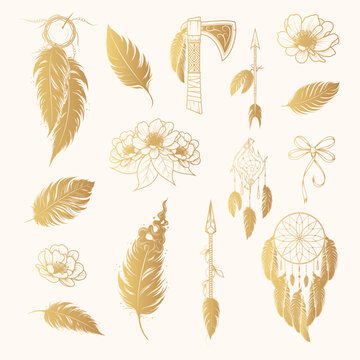 Feathers fantasia set in boho style. Golden  dream catchers, arrows, flowers and feathers isolated on white background. Hand drawn vector illustration for web design and print.