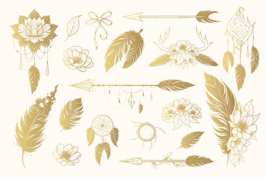 Feathed fantasia: tribal treasures in bohemian bliss. Hand drawn isolated set of golden ethnic design elements. Vector illustration for  web design, t-shirts and print.