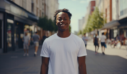 Portrait of young fashion smiling African American man with white T-shirt, Plaza shopping district background.