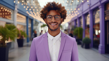 Portrait of young fashion smiling African American man with solid suit, Plaza shopping district background. - obrazy, fototapety, plakaty