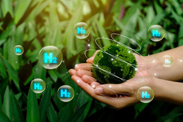 ESG icon concept. Environment, society and governance. Virtual screen with icons on green...