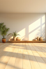 Fototapeta na wymiar minimalist contemporary room with wooden floor and plants