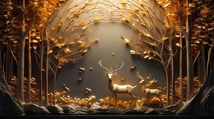 Foto op Plexiglas 3d abstraction modern and creative interior mural wall art wallpaper with dark and golden forest trees, stag deer animal wildlife with birds   © Papilouz Studio