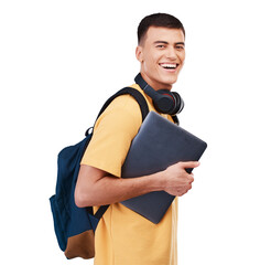 Face, happy man and laptop for education, university and learning in studio on transparent png background with backpack. Digital, student and person with tech for research and information to study