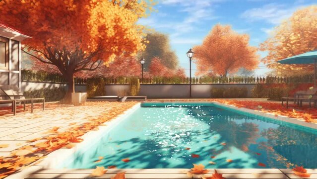 autumn in the pool animated background in Japanese anime watercolor painting illustration style. seamless looping video animated background