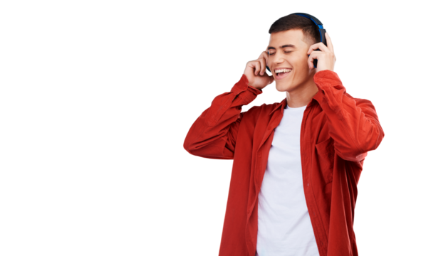 Listening, smile and man with headphones, music and audio isolated on a transparent background. Person, happy guy and model with headset, streaming sound and radio with stress relief, song and png