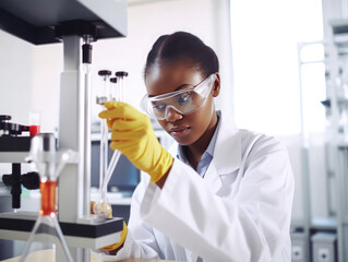 Portrait of a black female scientist holding a tube and working in a chemistry laboratory 