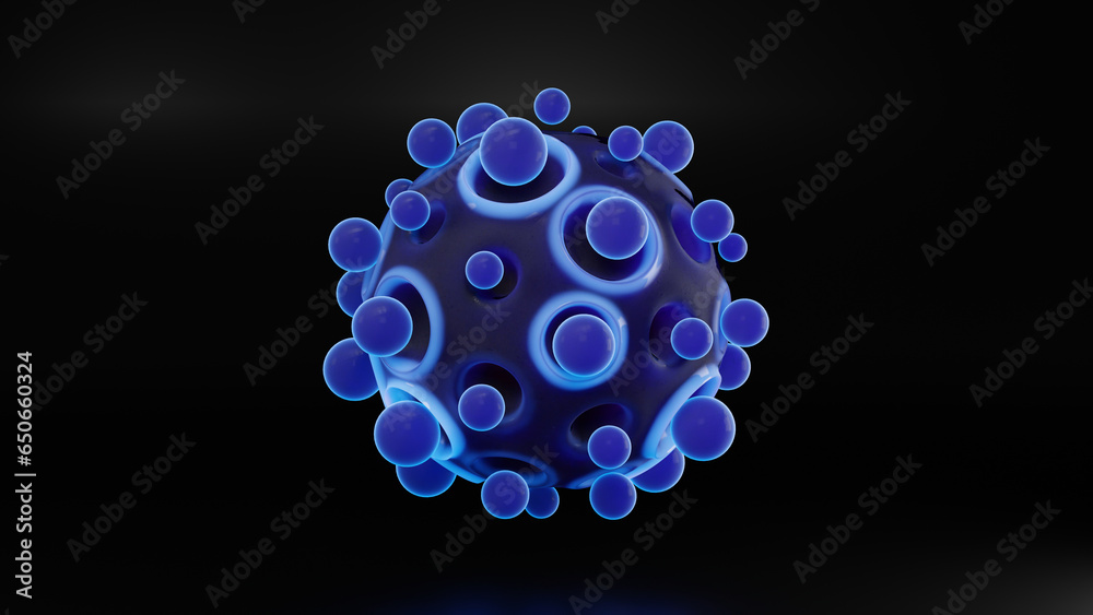 Poster 3d rendering. abstract 3d illustration of a large sphere and many small balls around the core. image