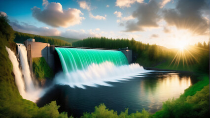 Hydroelectric dam on river with green landscape and sunset in background. Extremely detailed and realistic high resolution illustration