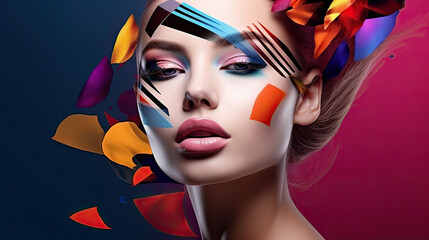 Fototapeta na wymiar lady with abstract geometric face art on color background