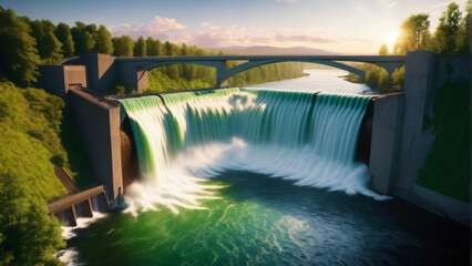 Hydroelectric dam on river with green landscape and sunset in background. Extremely detailed and realistic high resolution illustration