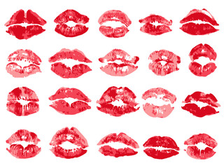 Woman lipstick red kiss marks, different shape prints. Isolated on white imprints of love. Mouth and lips makeup. - obrazy, fototapety, plakaty