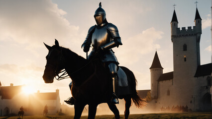 Knight on a horse with medieval town  and sunset in background. Highly detailed and realistic concept design illustration