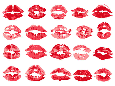 Woman lipstick red kiss marks, different shape prints. Isolated on white imprints of love. Mouth and lips makeup.