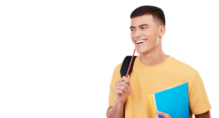 Student, young man has smile with books and education, university and backpack isolated on png transparent background. Learning material, notebook and college scholarship for academic development