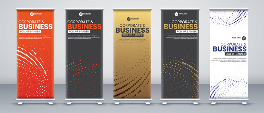 Corporate business conference roll up banner designs for x stand with luxury and eye catchy orange, black, gold and white colors with modern abstract shapes