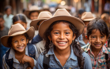 A group of happy and playful Latino children in the foreground who walks in the street and are laughing their heads off