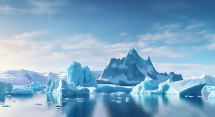Fototapeta na wymiar Glacial landscape with a large iceberg and mountains in the background. Icy sea scenery.