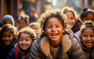 Fototapeta premium A group of happy and playful Latino children in the foreground who runs in the street and are laughing their heads off