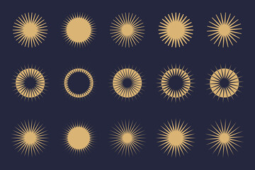 Vintage sunburst collection. Bursting sun rays. Fireworks starburst logotype. Radial sunset beams. Vector illustration.