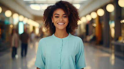 Portrait of young fashion smiling girl with solid color cloth, Plaza shopping district background.