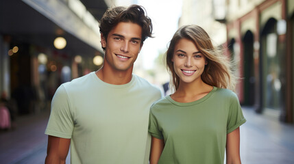 Young fashion smiling travelers couple with solid color T-shirt, Plaza shopping district background.