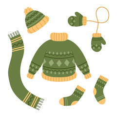 Set of cozy winter clothes. Sweater, hat, scarf, mittens and socks. Flat vector illustration isolated on white background.