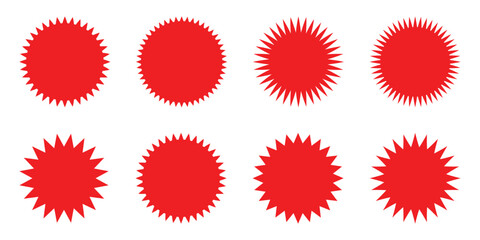 Set of red starburst. Price sticker, sale sticker, price tag, starburst, quality mark, retro stars, sale or discount sticker, sunburst badges, sun ray frames, promotional badge set, shopping labels
