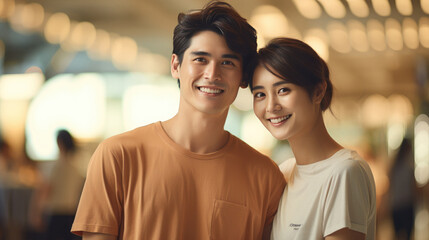Young fashion smiling travelers couple with solid color T-shirt, Plaza shopping district background.