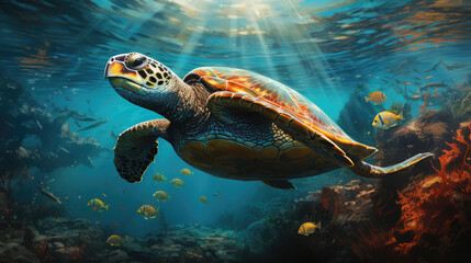Obraz premium Digitally generated Graceful Caretta Loggerhead Sea Turtle Gliding Underwater Serenely.