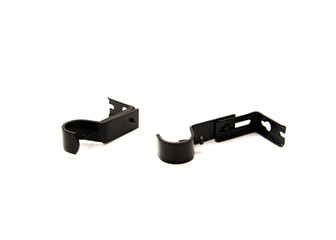 Double adjustable curtain rod brackets made of sturdy steel in bronze finish isolated on white background, interior windows curtains accessories