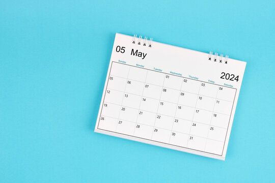 The May 2024, Monthly desk calendar for 2024 year on blue color background.