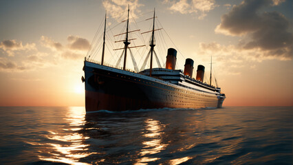 Titanic ship at the sea with sunset in background. High detailed and high resolution concept design illustration