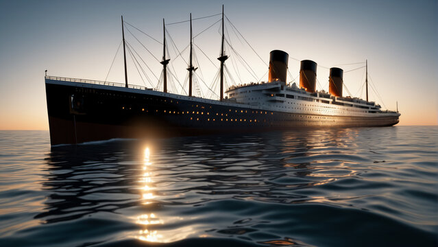 Titanic ship at the sea with sunset in background. High detailed and high resolution concept design illustration