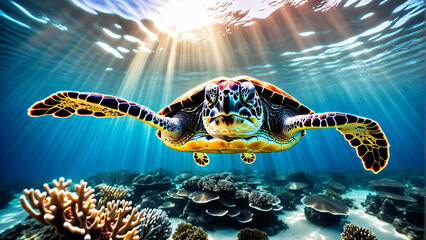Turtle underwater with colorful coral reef