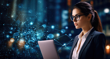 Young beautiful businesswoman using digital tablet in futuristic looking environment