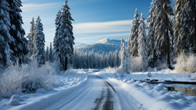 Winter road in the mountains. Winter landscape. Carpathians, Ukraine, Europe.