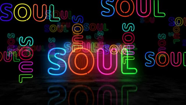 Soul neon glowing symbol. Light color bulbs. Music retro style  abstract concept 3d animation.