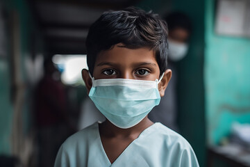 A portrait of an Indian schoolboy wearing a surgical mask during the Nipah virus outbreak
