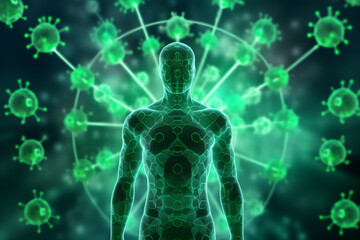 3D rendered digital diagram of the human body with Nipah virus background. greenish digital binary background - obrazy, fototapety, plakaty
