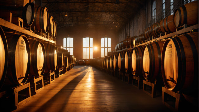 Whiskey skotch barrels in ripening process with sunset in background. Photorealistic concept design illustration