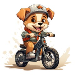 Cute dog rides a bike in cartoon style on a white background
