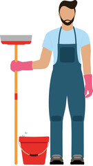A man working in the cleaning service, carrying a broom or brush on his arm