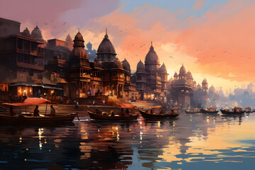 Varanasi's Timeless Beauty Manikarnika Ghat's Ancient Architecture in the Golden Sunset - obrazy, fototapety, plakaty