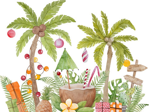 Caribbean merry christmas watercolor painting with coconut coctail and xmas palm tree. Tropical beach new year drink with lollipops candies and gifts