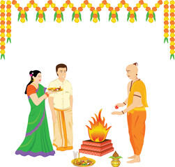 Indian Couple in traditional wear and Indian priest performing pooja.