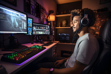 Male content producer and streamer in his home media studio in front of the computer - obrazy, fototapety, plakaty