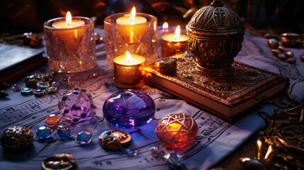 Esoteric decor on the table. Magical objects