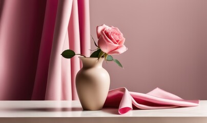 Minimalist Tabletop with Rose in Vase and Flowing Draperies: Light Magenta and Beige Blend